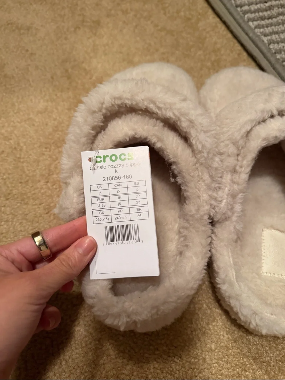 CROCS Kids Classic Cozy Clog Slippers in Light Beige Faux Fur